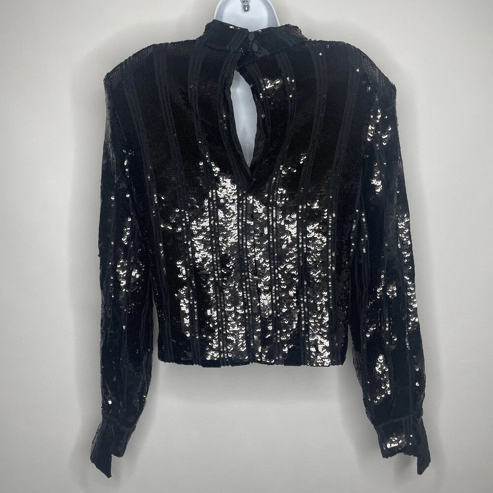 Express Black Sequin Statement Blouse Top Size S Mock Neck Padded Shoulders - Picture 5 of 8